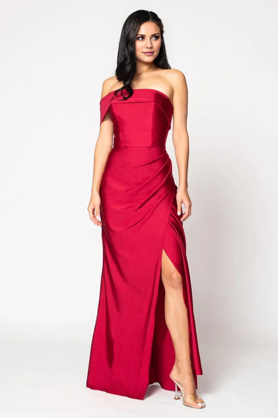 Vestido de fiesta Jimiss con escote asimétrico, hombros descubiertos, sin mangas, espalda descubierta, abertura lateral y largo hasta el suelo