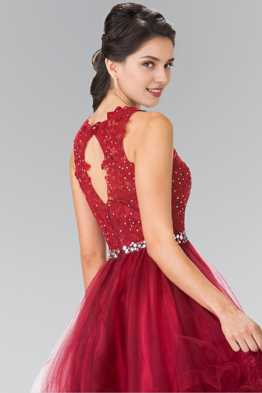 Champagne Lace A-Line Short Dress with Scoop Neck and Rhinestone Belt