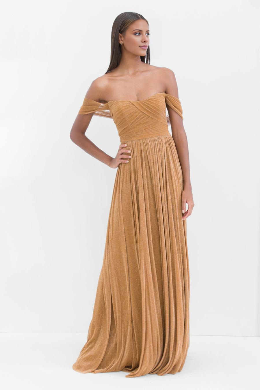 Vestido de noche Jimiss con hombros descubiertos, sin mangas, plisado, sin espalda y largo hasta el suelo