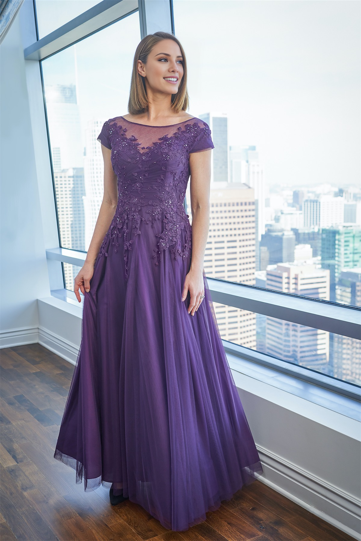 Purple Chiffon A-Line Floor-Length Dress with Lace Appliques & Illusion Boat Neck