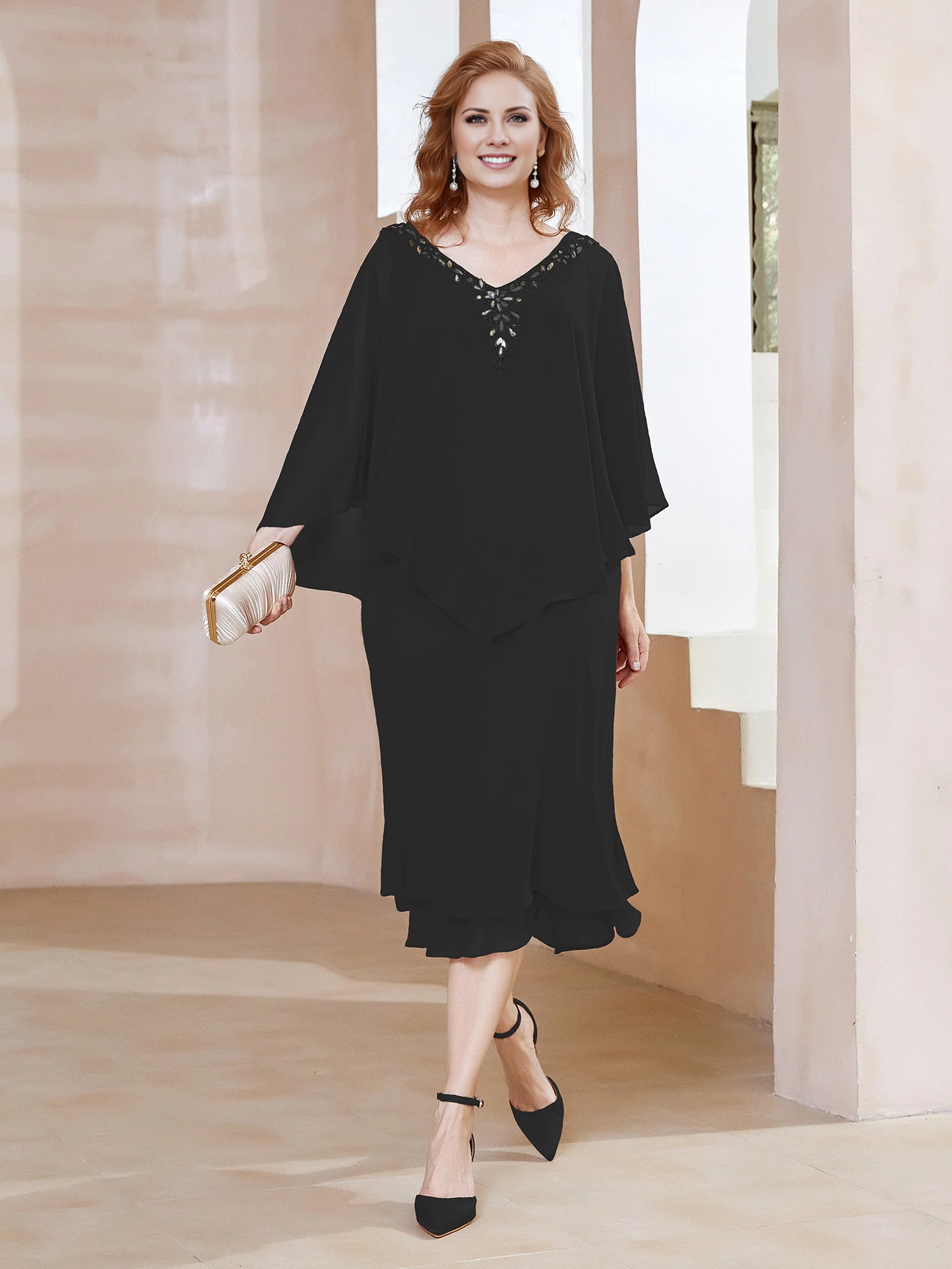 Olive Green Chiffon Knee-Length Dress with Cape Overlay & Beaded V-Neck