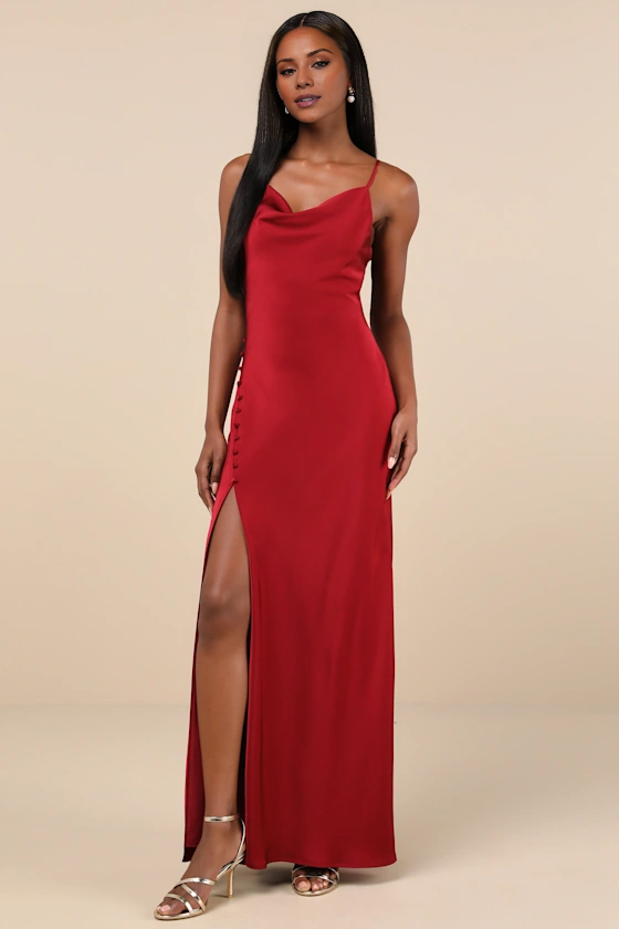 Vestido de noche Jimiss con escote colgante, sin mangas, tirantes finos en los hombros, espalda descubierta, abertura lateral y largo hasta el suelo