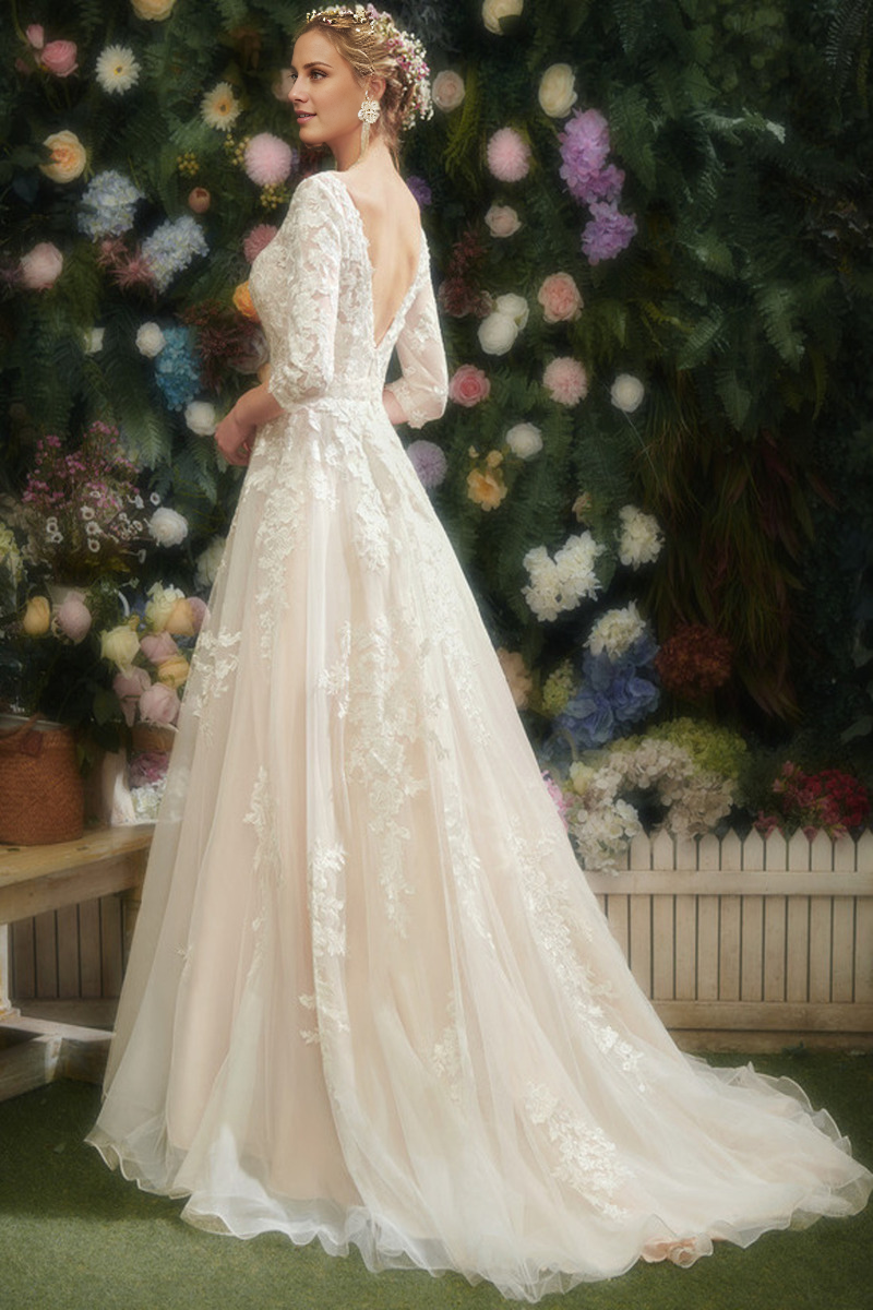 Abito da sposa in chiffon e pizzo con paillettes, a trapezio, scollo a V, gonna ampia e strascicata, maniche a 3/4