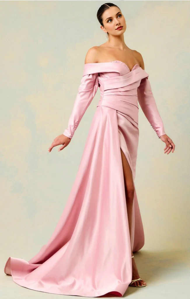 Blushing Pink Satin A-Line Off-the-Shoulder Floor-Length Evening Dress with Draped Bodice and High Slit