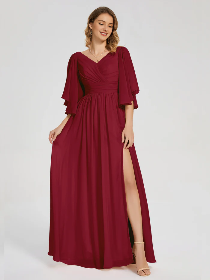 Burgundy Chiffon A-Line Floor-Length Dress with V-Neck, Draped Bodice, Flutter Sleeves, and High Slit