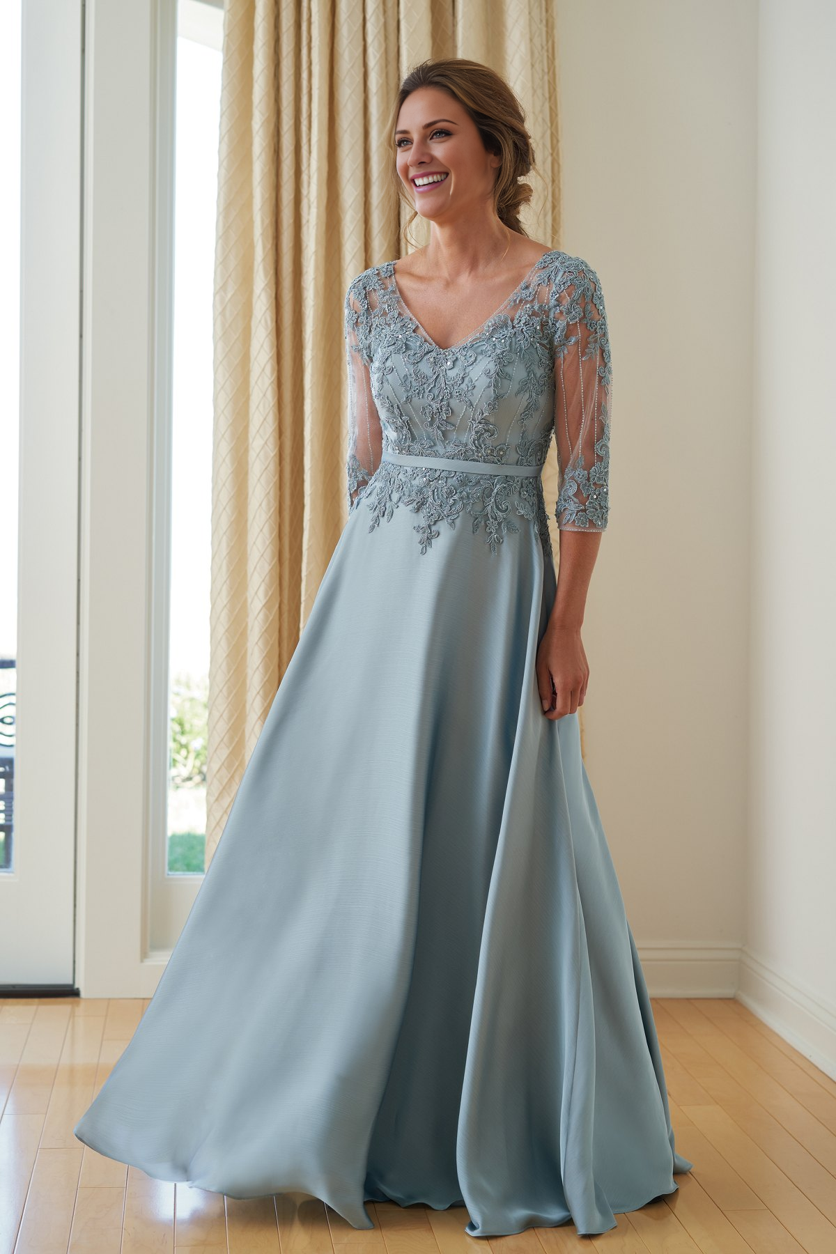 Dusty Blue A-Line Floor-Length Evening Dress with Lace & Beaded Illusion Sleeves
