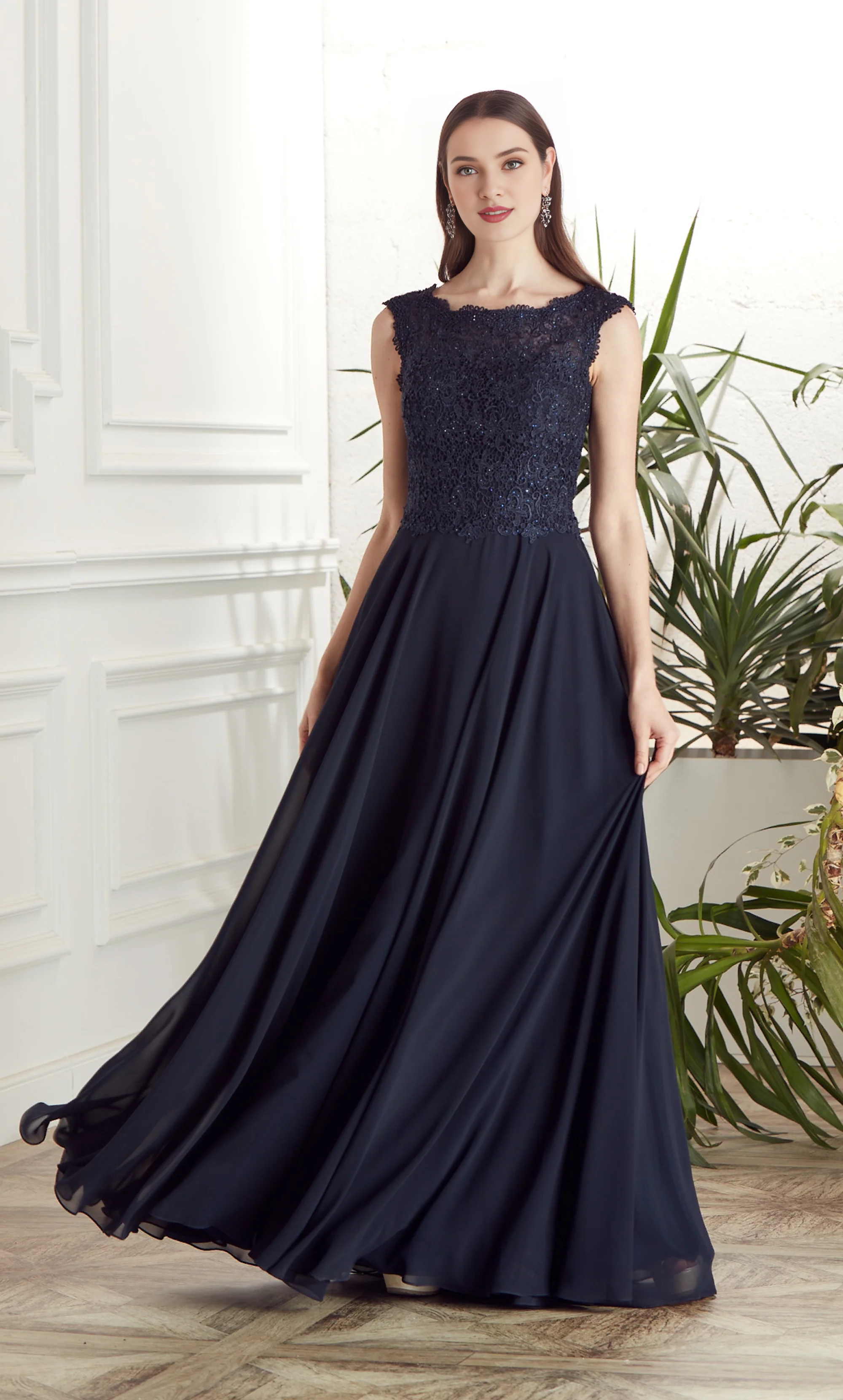 Dark Navy Chiffon A-Line Floor-Length Bridesmaid Dress with Lace Bodice