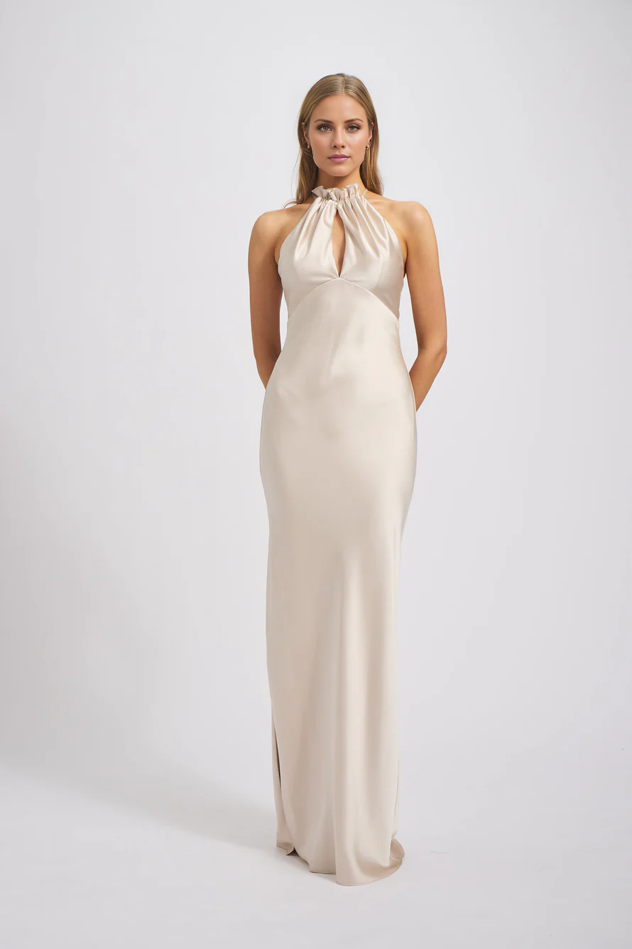 Vestido de fiesta Jimiss con escote halter, sin mangas, espalda descubierta, abertura lateral y largo hasta el suelo