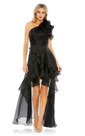 Vestido de noche largo hasta el suelo con corsé ajustado, cuello de un solo hombro, bordes con volantes