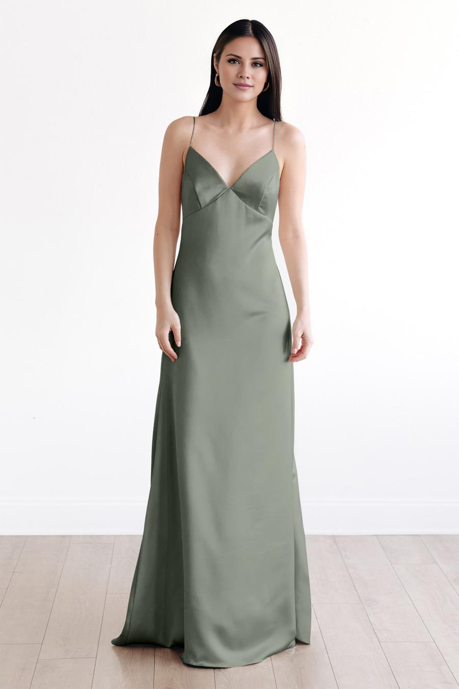 Vestido de noche Jimiss con escote en V, tirantes finos, sin mangas, espalda descubierta y largo hasta el suelo