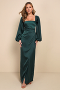 Vestido de noche Jimiss con escote cuadrado, manga larga, espalda descubierta, abertura lateral y largo hasta el suelo