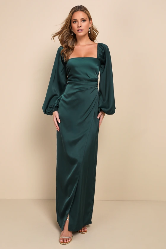 Vestido de noche Jimiss con escote cuadrado, manga larga, espalda descubierta, abertura lateral y largo hasta el suelo