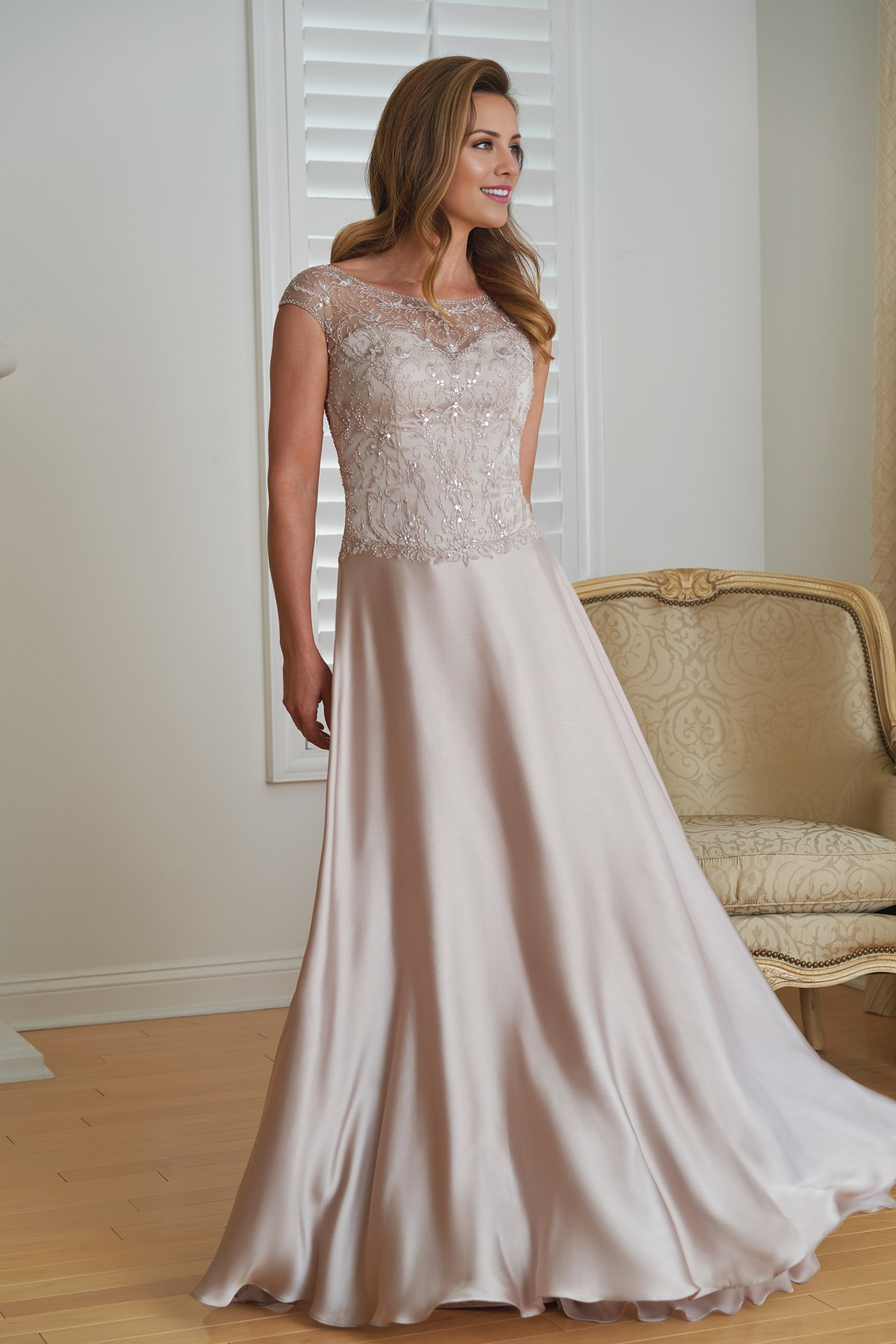 Champagne Satin A-Line Floor-Length Dress with Beaded Illusion Bodice