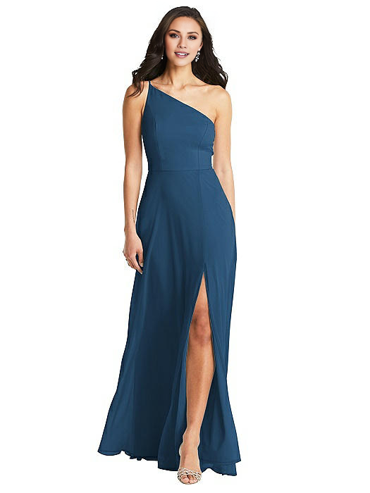 Teal Chiffon A-Line One Shoulder Floor-Length Dress with High Slit