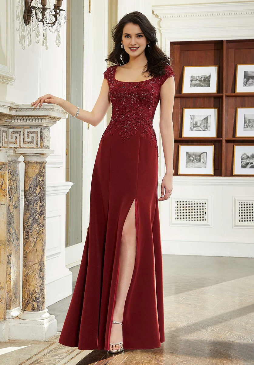 Burgundy Square Neck Sheath/Column Floor-Length Evening Dress with Embroidered Bodice & High Slit