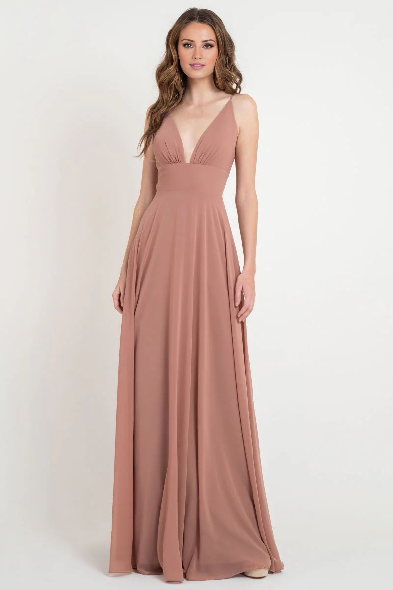 Vestido de fiesta Jimiss con escote en V profundo, hombros descubiertos, sin mangas, espalda descubierta, plisado y largo hasta el suelo