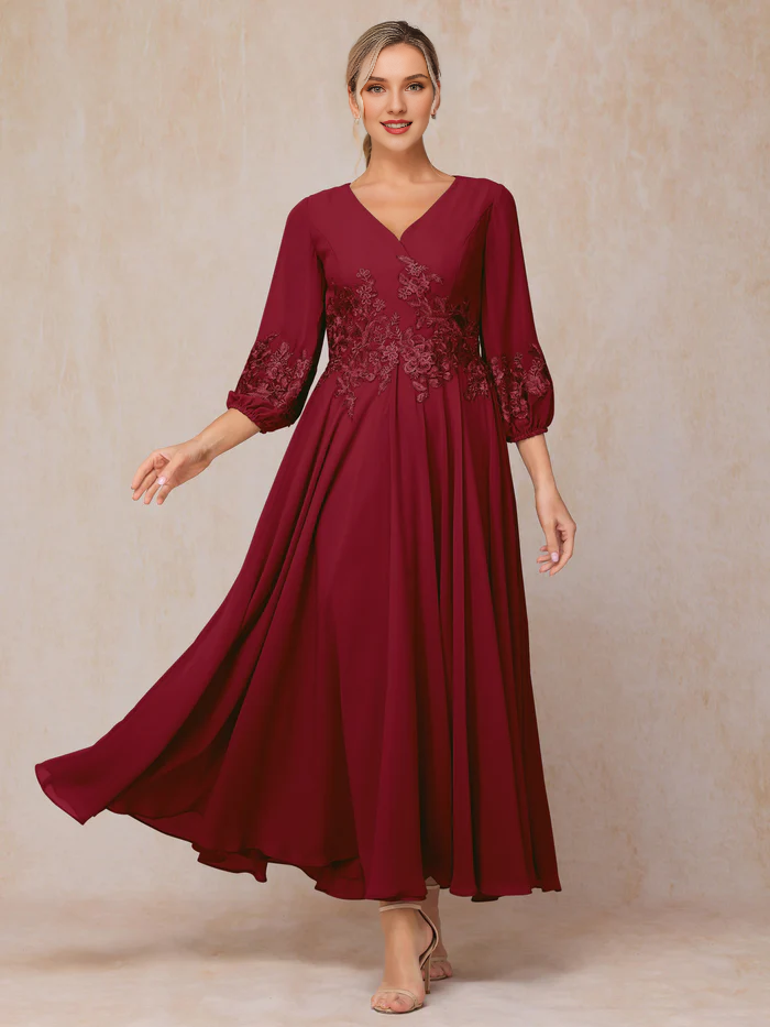 Burgundy Chiffon A-Line V-Neck Tea-Length Dress with Embroidered Bodice and Bishop Sleeves