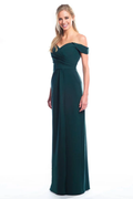 Forest Green Crepe A-Line Floor-Length Bridesmaid Dress with Draped Bodice and Off-the-Shoulder Neckline