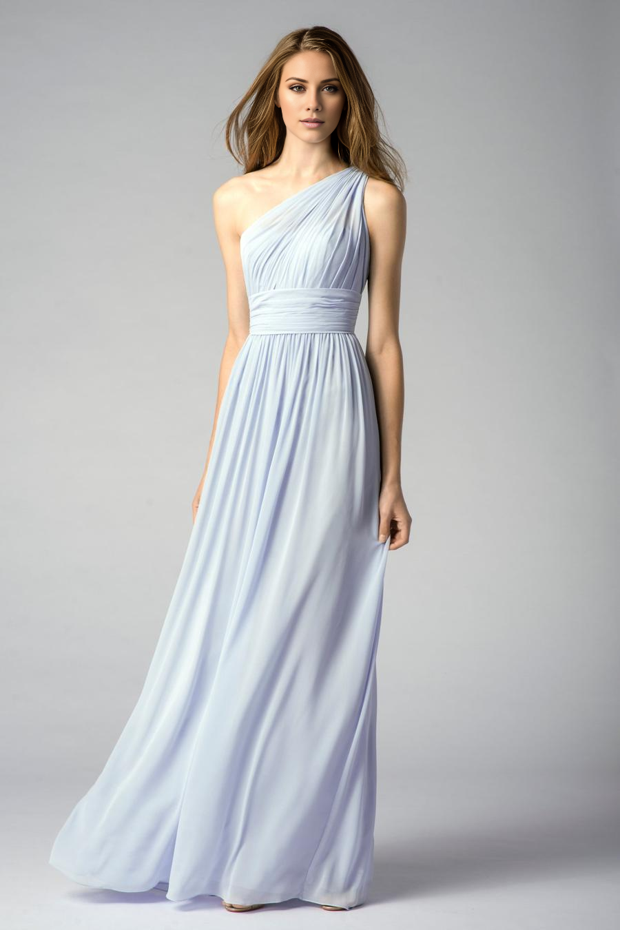 Vestido de noche Jimiss con cuello asimétrico, hombros descubiertos, sin mangas, espalda descubierta, plisado y largo hasta el suelo