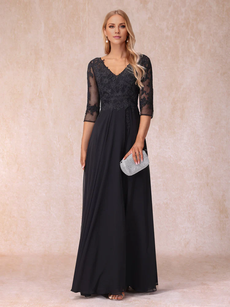Black V-Neck Chiffon A-Line Floor-Length Evening Dress with Lace Bodice and Sleeves