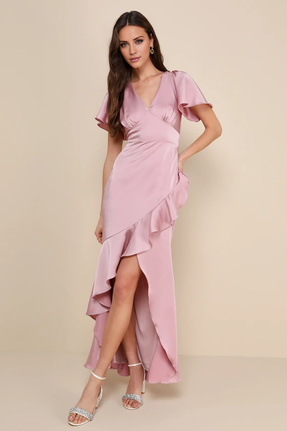 Blushing Pink Satin A-Line Asymmetrical Bridesmaid Dress with Flutter Sleeves & Ruffled High-Low Hem