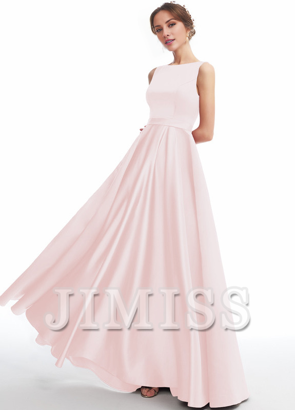 Abito da damigella d'onore in raso a trapezio con scollo a barchetta e lunghezza al pavimento