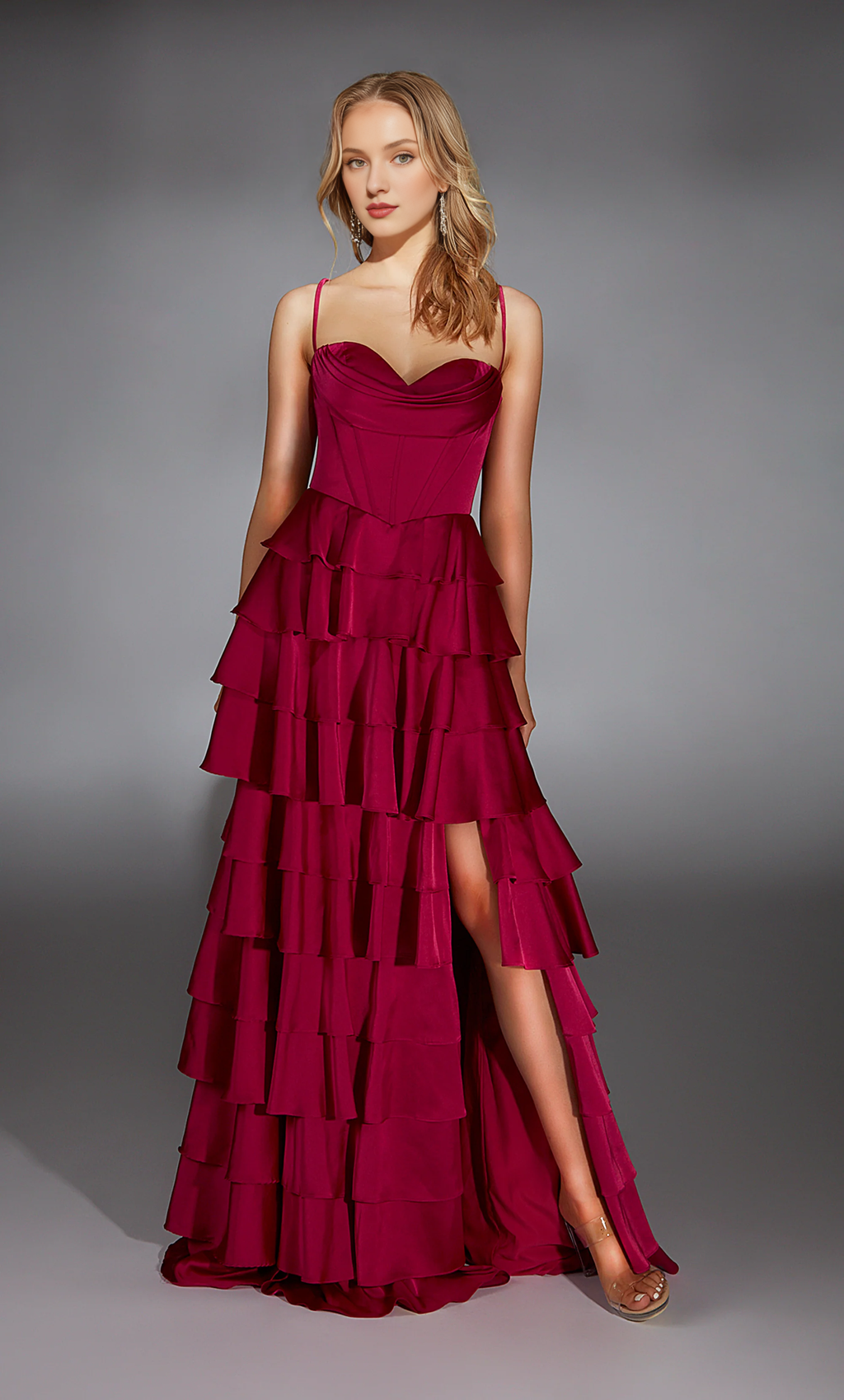 Vestido de noche de satén y gasa, cuello alto, espalda en A, encaje, abertura, corsé ajustado, vestido formal largo