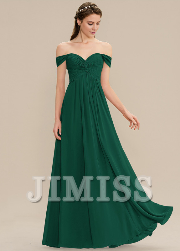 Vestido de dama de honor de gasa con volantes, corte A, hombros descubiertos y largo hasta el suelo