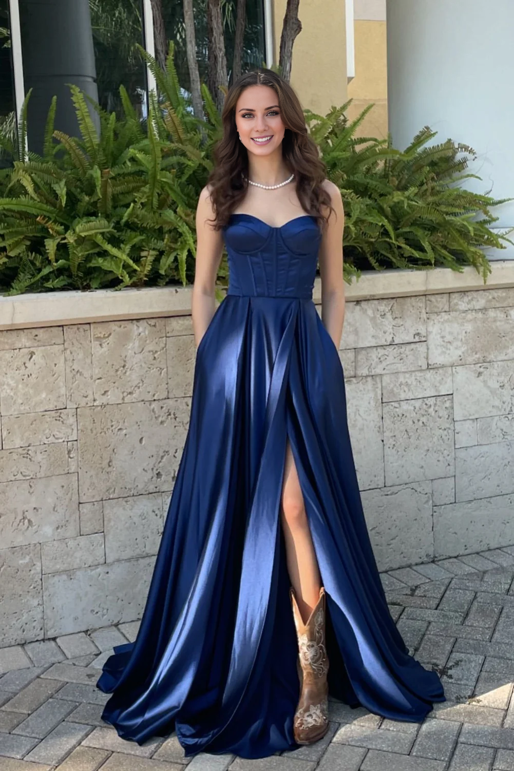 Dark Navy Satin A-Line Floor-Length Gown with Corset Bodice & High Slit