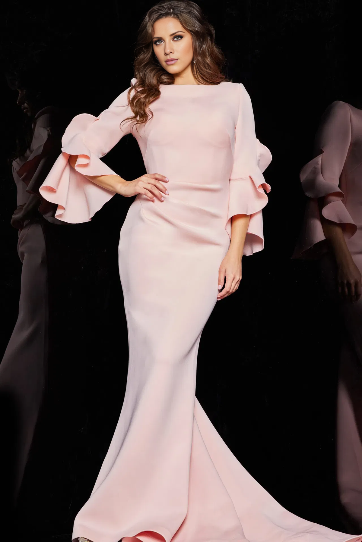 Blushing Pink Crepe Floor-Length Mermaid Evening Dress with Ruffled Bell Sleeves
