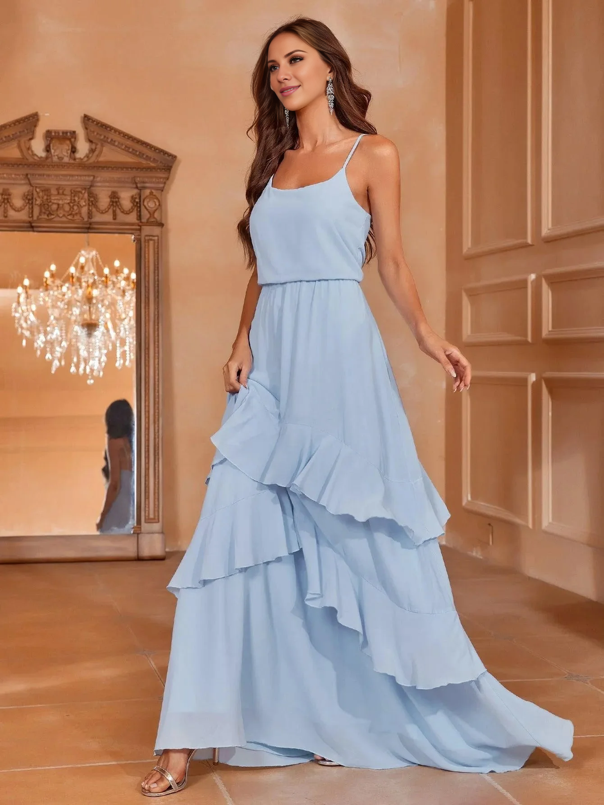 Sky Blue Chiffon A-Line Floor-Length Bridesmaid Dress with Tiered Ruffled Skirt