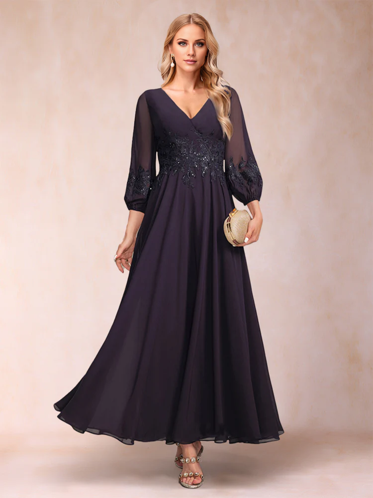 Dark Navy Chiffon A-Line V-Neck Floor-Length Dress with Embroidered Bodice & Sheer 3/4 Sleeves