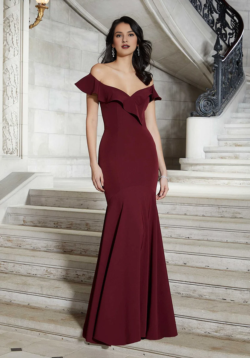 Burgundy Crepe Mermaid Off-the-Shoulder Floor-Length Bridesmaid Dress