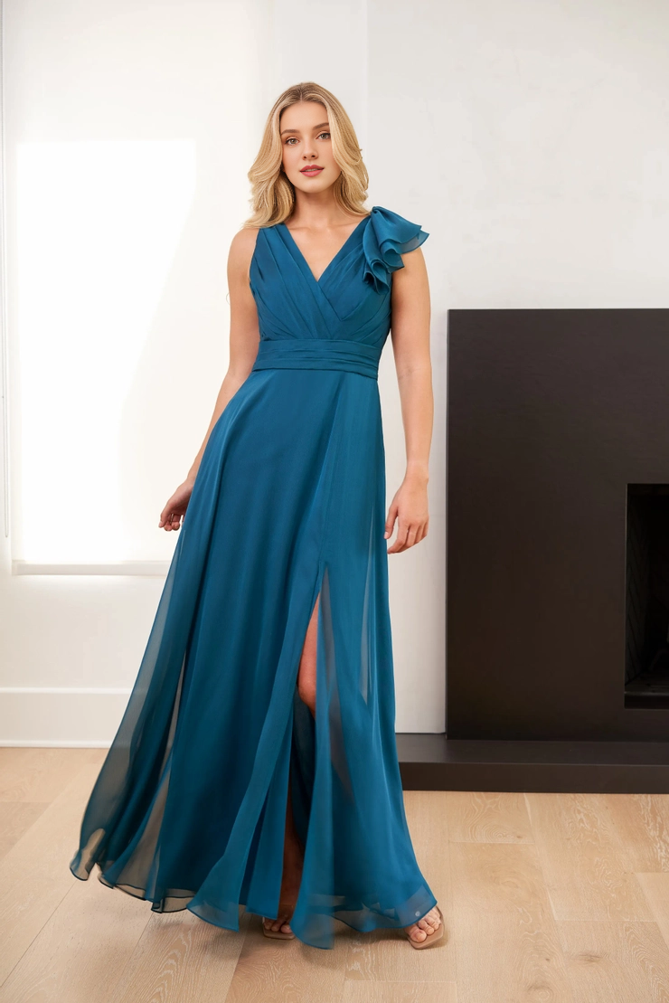 Chiffon A-line V-neck front slit with ruffled edge for evening dress