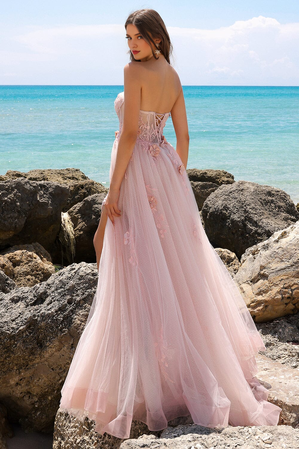 Sage Green Tulle A-Line Floor-Length Gown with Embroidered Sweetheart Neckline