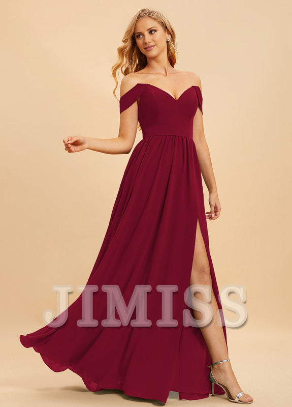 Abito da damigella d'onore in chiffon lungo fino a terra, con spalle scoperte e linea ad A