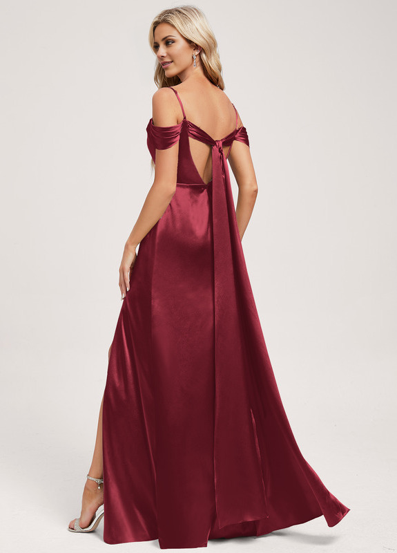 Abito da damigella d'onore a trapezio, con spalle scoperte, lungo fino a terra, con fiocco in raso e volant