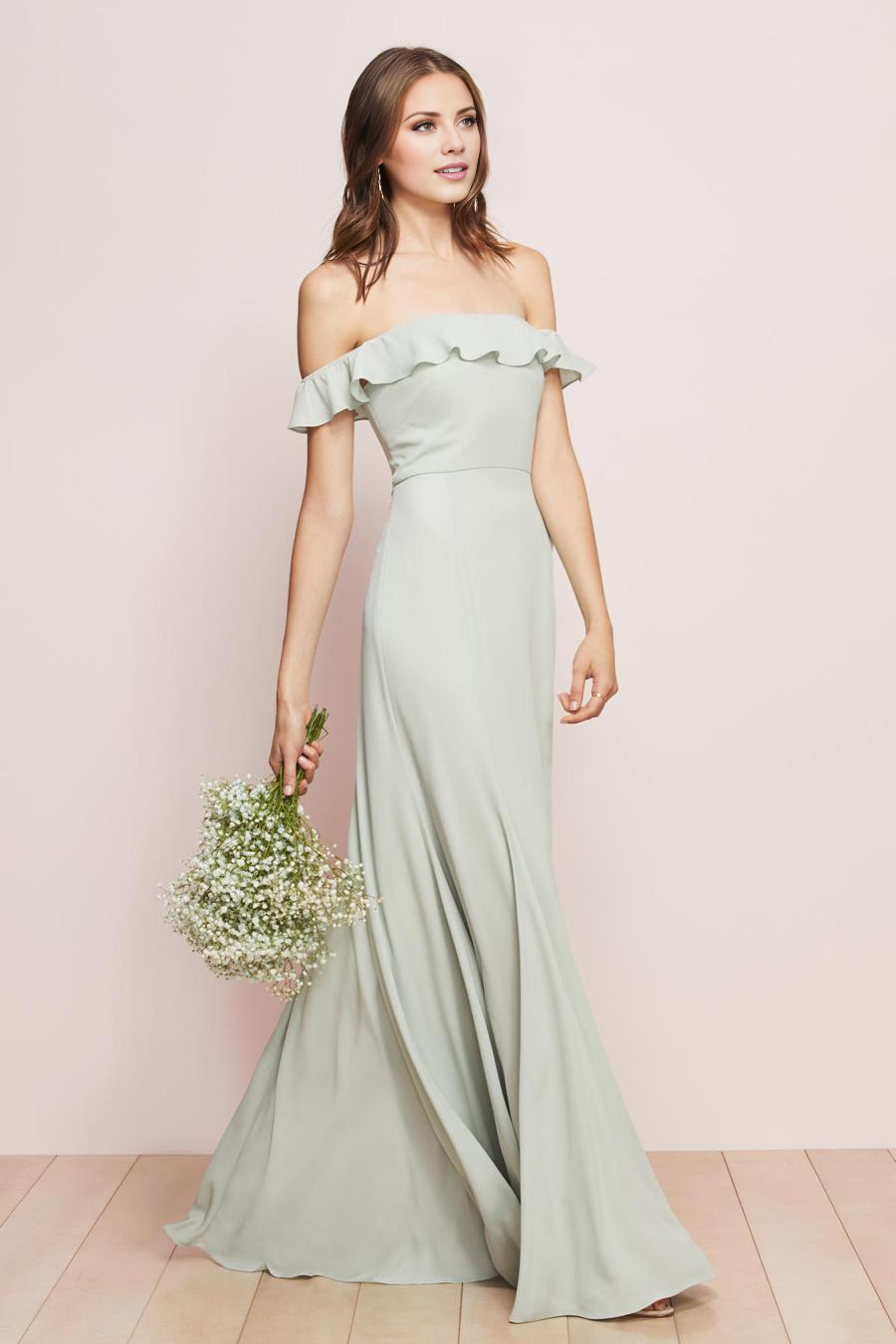 Vestido de noche Jimiss con hombros descubiertos, cuello descubierto, hombros descubiertos, sin mangas y largo hasta el suelo