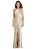 Vestido de fiesta Jimiss con cuello halter, hombros descubiertos, sin mangas, espalda descubierta, abertura lateral y largo hasta el suelo