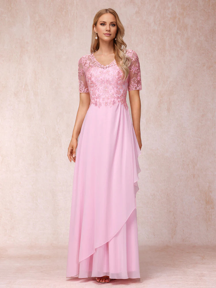 Pink Lace & Chiffon A-Line V-Neck Floor-Length Evening Dress