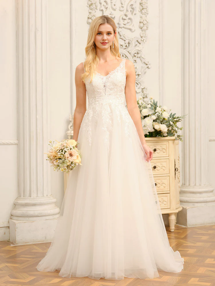 A-Line Floor-Length Bridesmaid Dress with V-Neck + Lace Bodice + Tulle Skirt