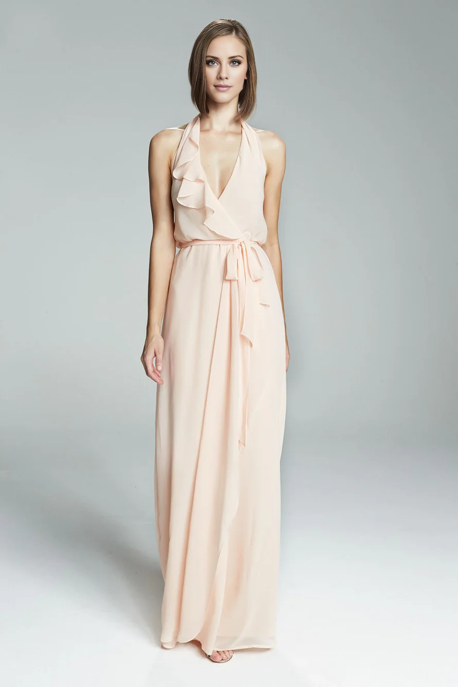 Vestido de noche Jimiss con escote en V, hombros descubiertos, sin mangas, espalda descubierta y largo hasta el suelo