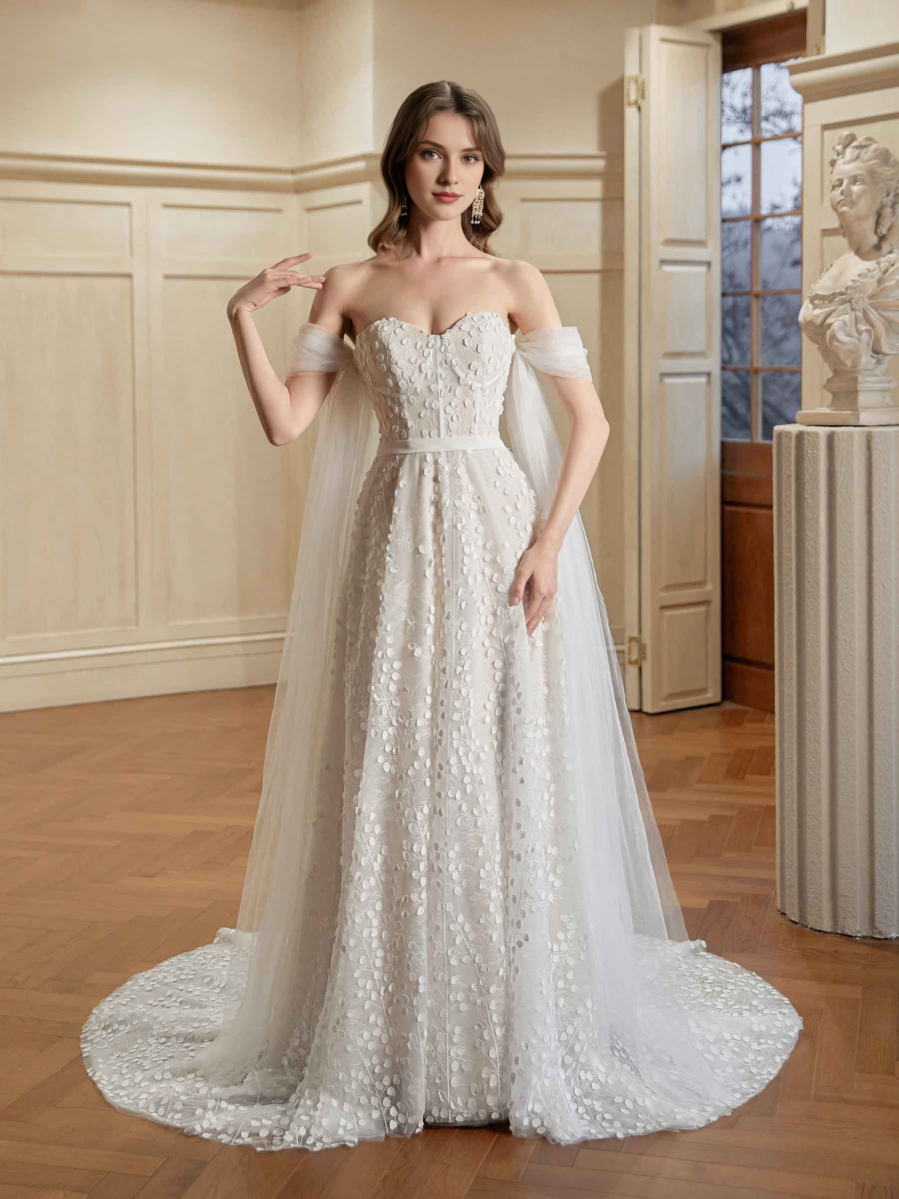 Vestido de novia largo color marfil con escote en forma de A y encaje, escote corazón y hombros descubiertos