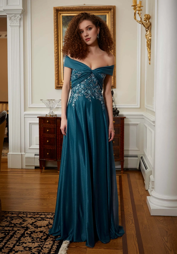Teal Glitter A-Line Off-the-Shoulder Floor-Length Evening Dress
