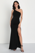 Black One Shoulder Floor-Length Evening Dress with Side Ruching & High Slit