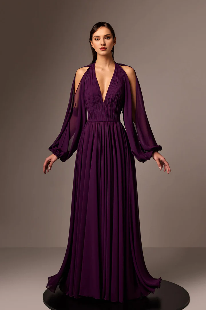 Purple Chiffon V-Neck A-Line Floor-Length Dress with Cold-Shoulder Sleeves