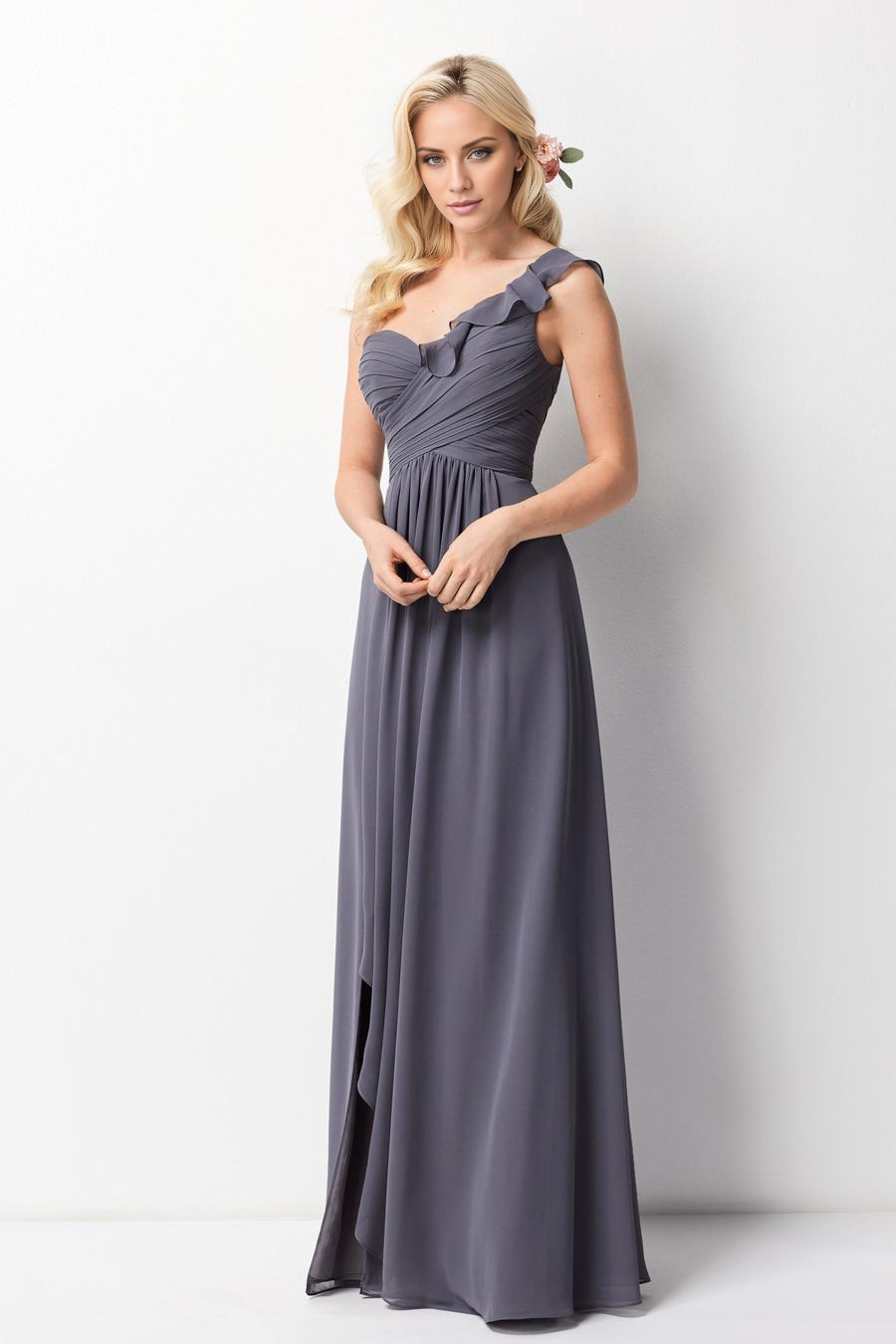 Vestido de noche Jimiss con cuello asimétrico, hombros descubiertos, sin mangas, espalda descubierta, plisado y largo hasta el suelo
