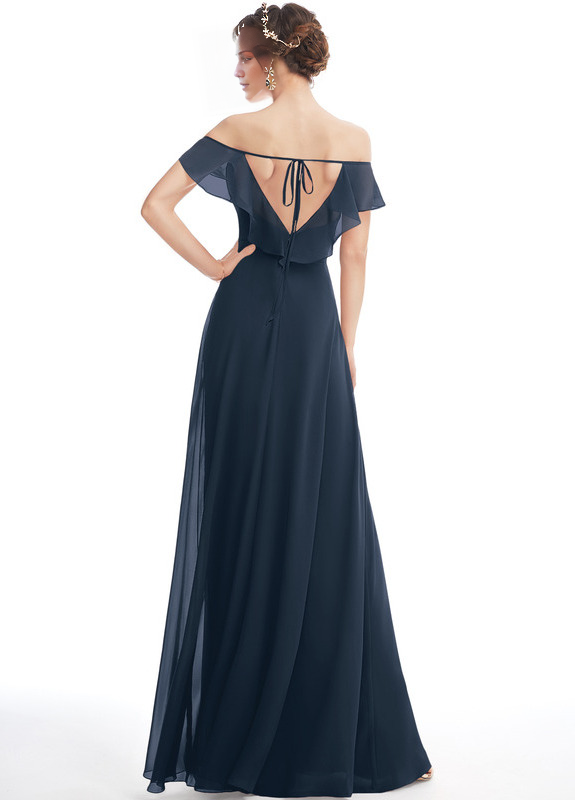 Dark Navy Chiffon A-Line Bridesmaid Dress | Sweetheart Neckline & Off-the-Shoulder Sleeves