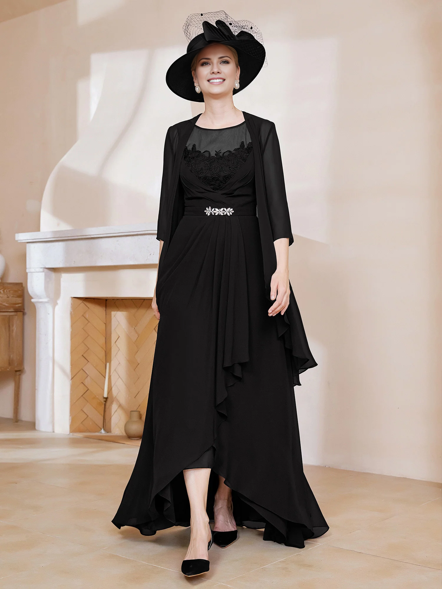 Vestido con volantes y cuello ilusorio combinado con chaqueta, vestido de madre de la novia.