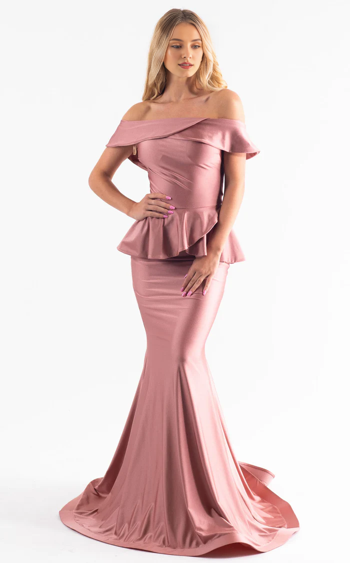 Mermaid off shoulder ruffled edges backless and floor length Prom dress